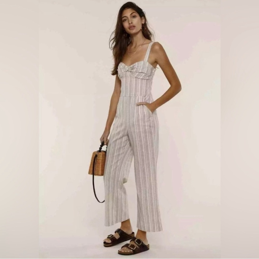 NWT HEARTLOOM LINEN Blend Sweetheart Sleeveless Jumpsuit Striped Tan White LARGE